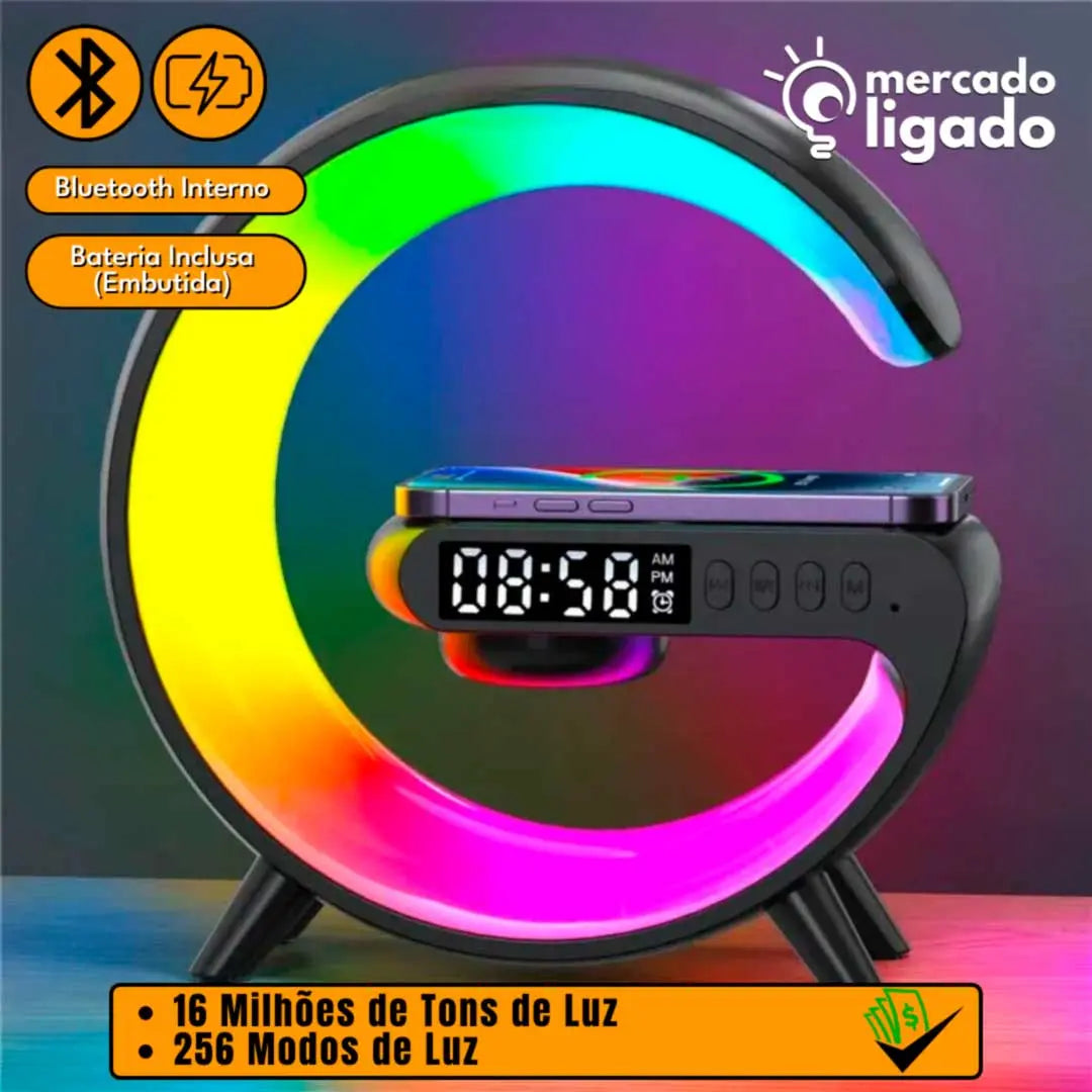 Glow-Charge-Bluetooth-Speaker-Ligga-Luminaria-G-Caixa-de-Som-e-Carregador-Sem-Fio-com-Alto-Falante-Mercado-Ligado