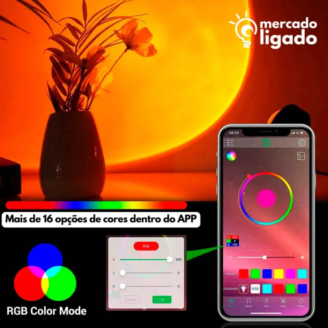 Luminaria-Sunset-Dreamer-Ligga-Projetor-de-Luzes-Efeito-Por-do-Sol-Mercado-Ligado