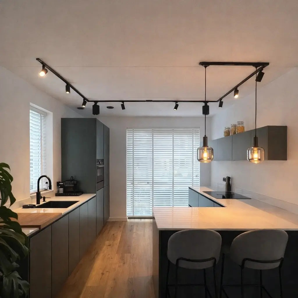 foto de uma cozinha ampla com bancada em 'L', dois pendentes de luminária que estão conectadas a um trilho preto que dá a volta na cozinha em formato de 'U' e com alguns spots no percurso.