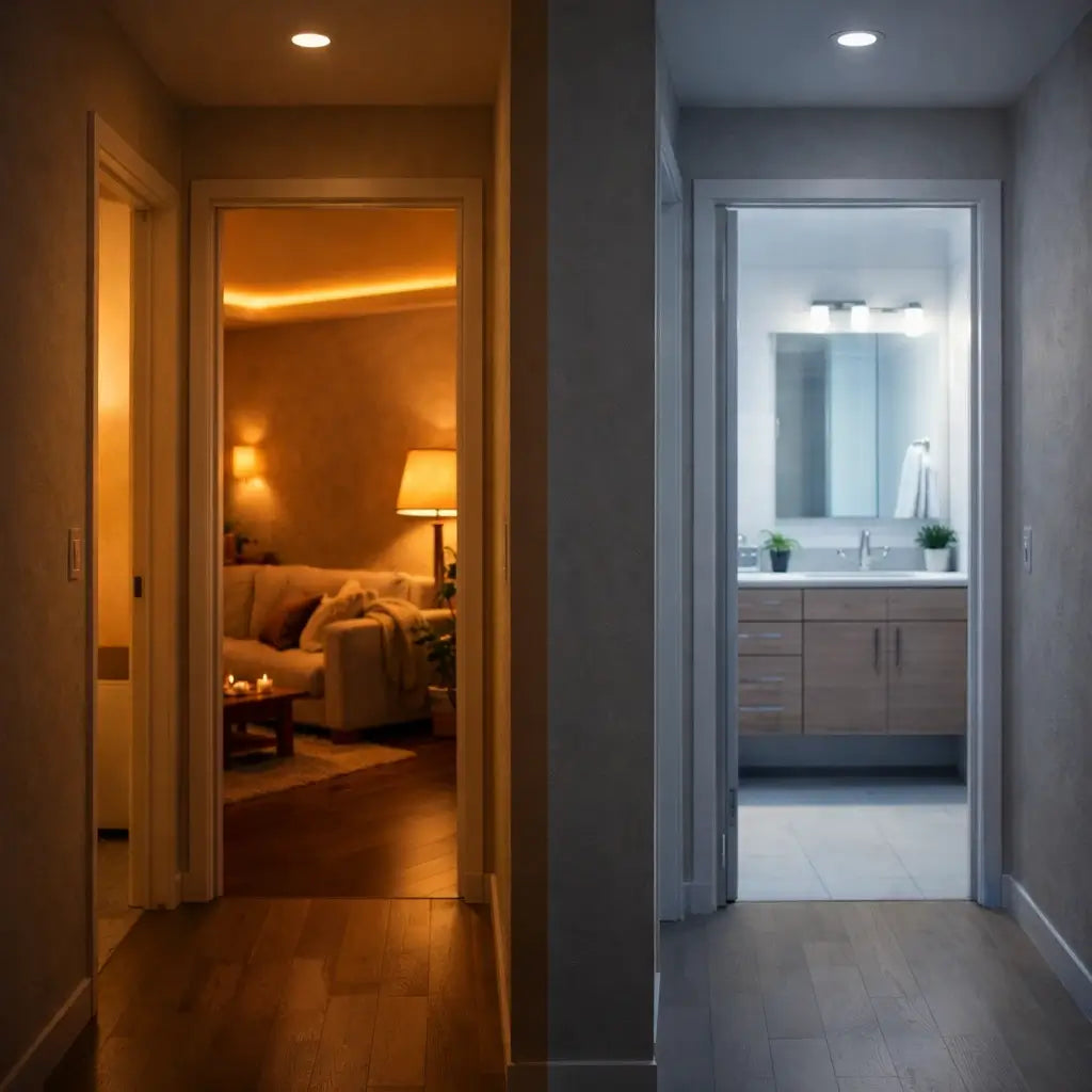 foto tirada de um corredor com vista para um quarto com iluminação quente e do outro lado com iluminação fria do banheiro. a foto é divida ao meio por uma parede divisória