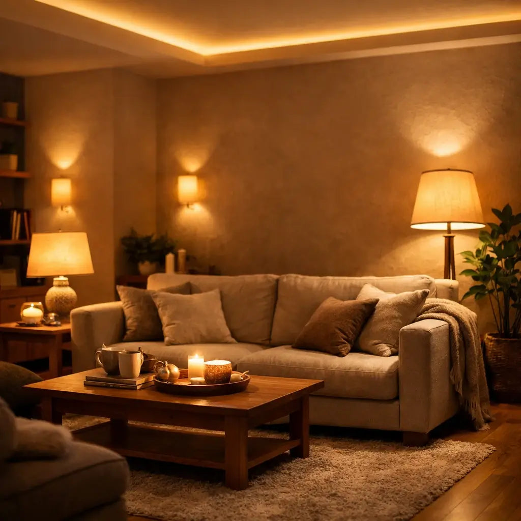 imagem de uma sala no estilo clássico, iluminação quente, tanto dos abajures, quanto da sanca ao teto. sofá bege e almofadas em tons neutros e pastéis. há uma mesa de centro de madeira com alguns itens de decoração acima dele.