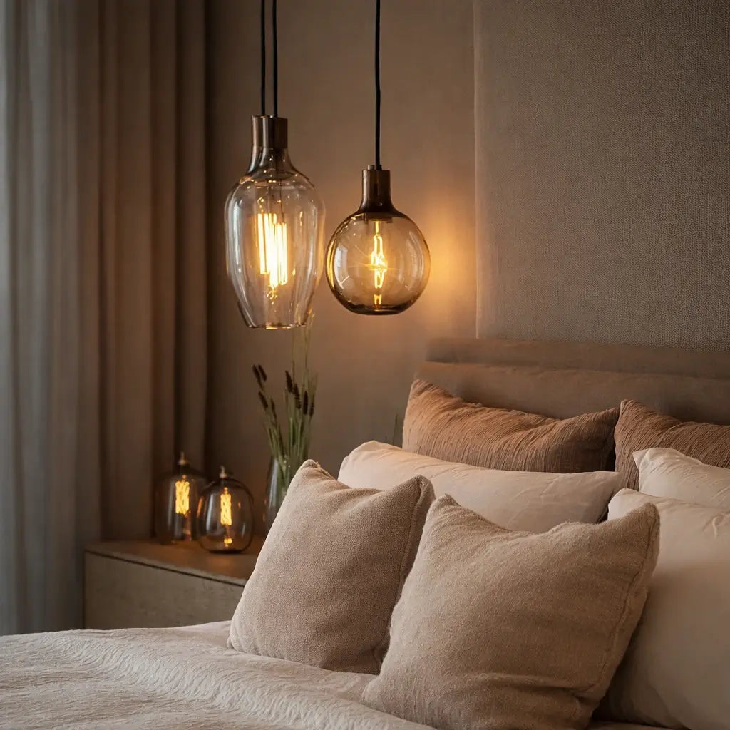 imagem de uma cama coberta com travesseiros em tom pastel, com o foco em 2 pendentes de luminárias que tem seu design marcado por cúpulas de vidro transparente e uma iluminação amarela