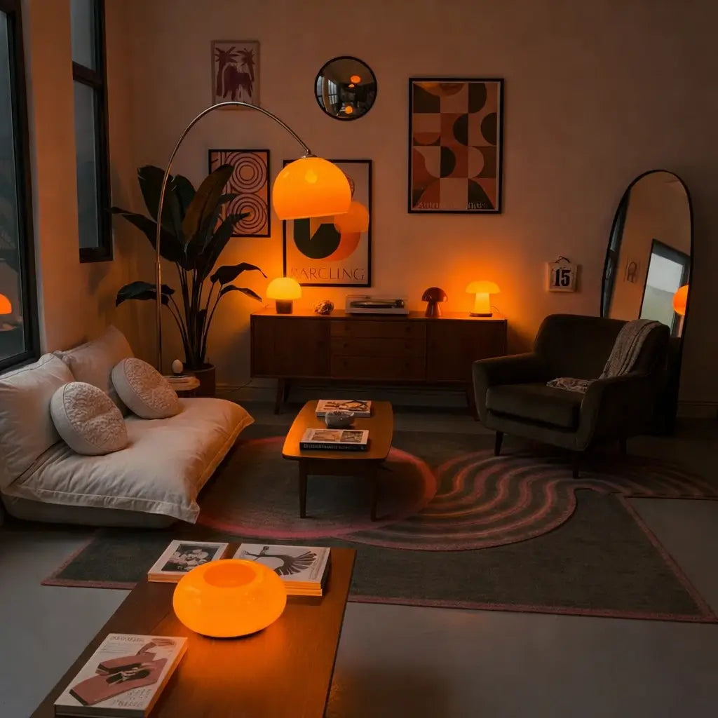 imagem de uma sala com iluminação quente, aconchegante, colorida e moderna.