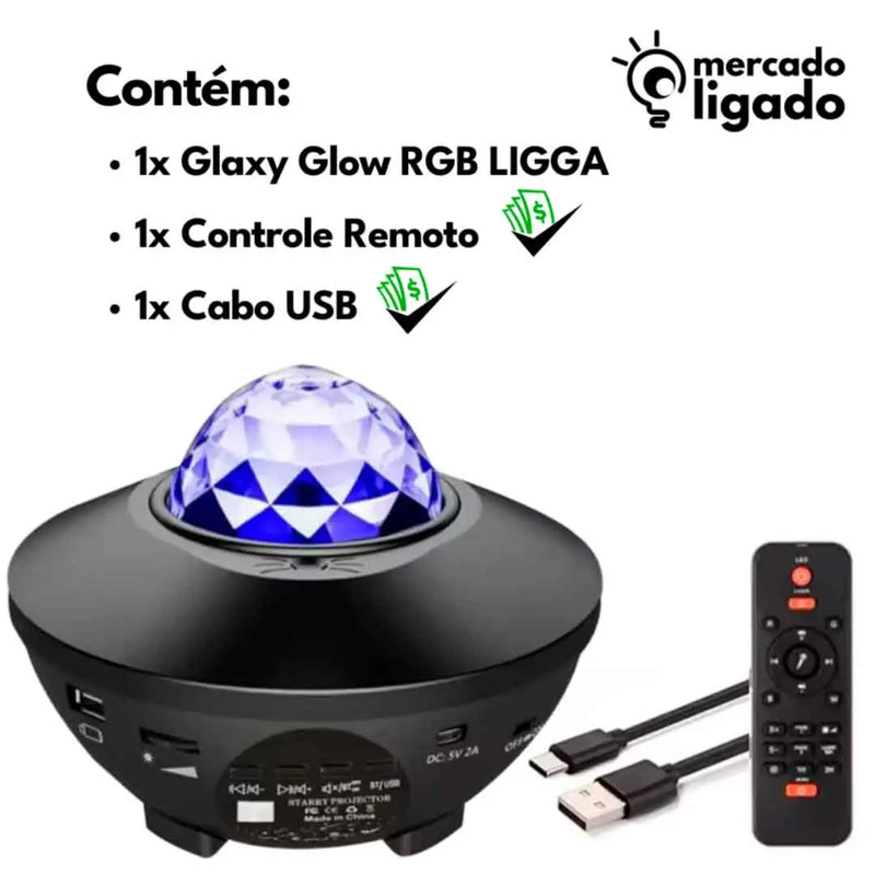 Galaxy Glow RGB Ligga - Projetor Globo Show de Luz RGB Projeção Galaxia com Bluetooth E Controle Remoto