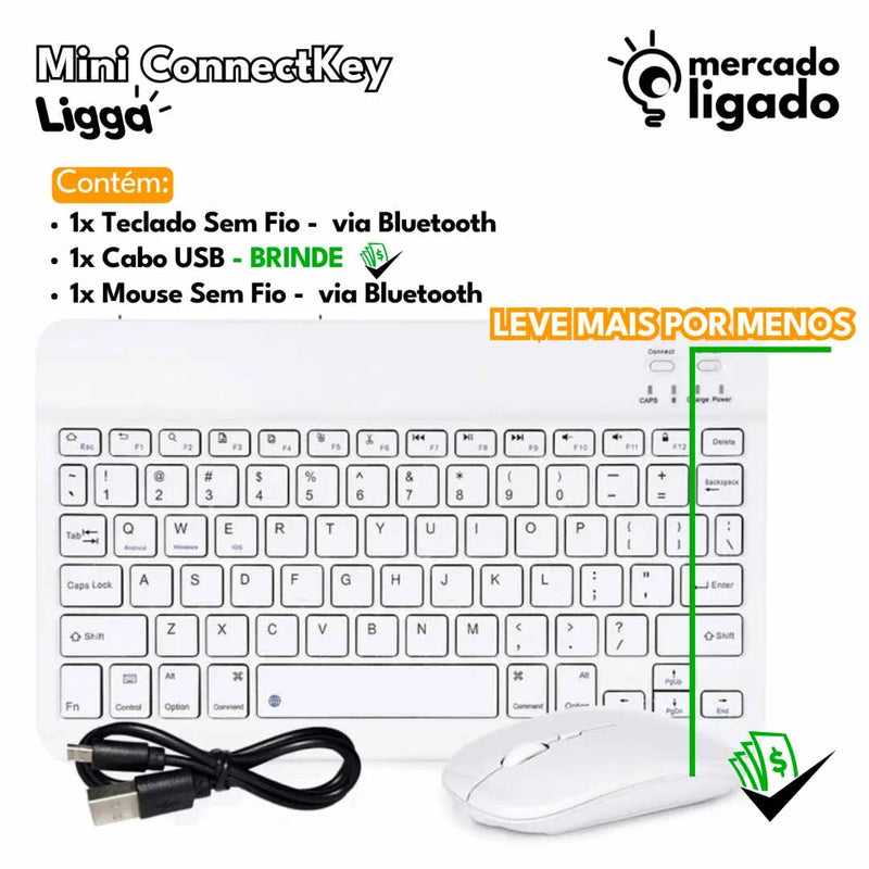 Mini ConnectKey Ligga - Teclado e Mouse Bluetooth Sem Fio via Bluetooth para notebook e smartphone