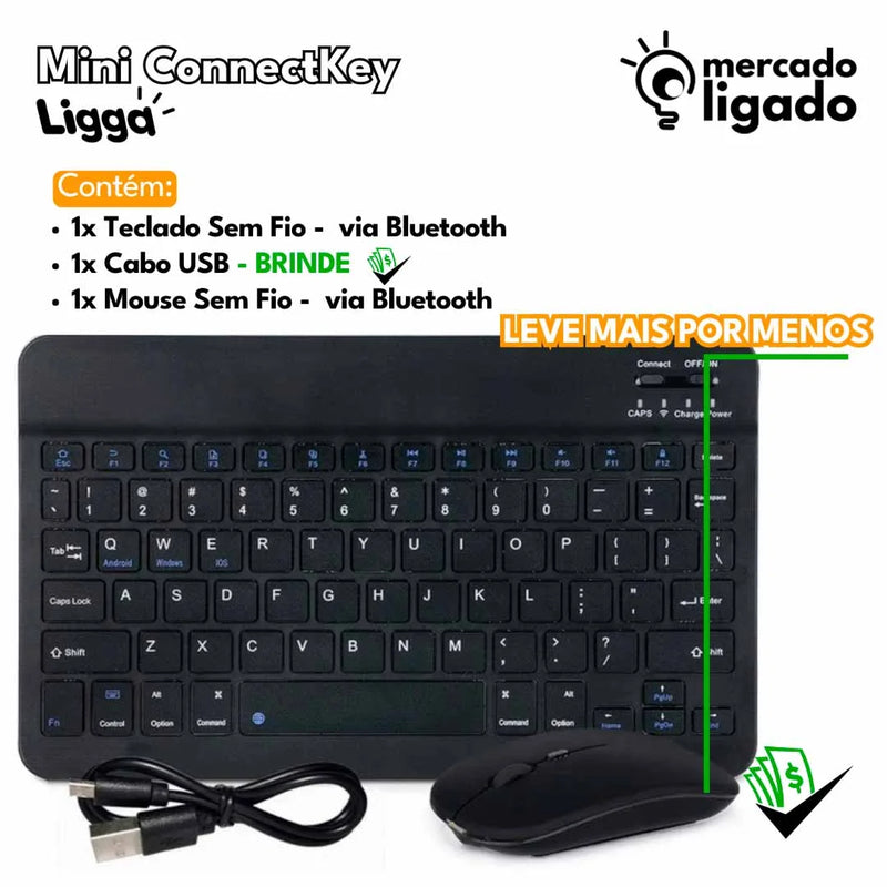 Mini ConnectKey Ligga - Teclado e Mouse Bluetooth Sem Fio via Bluetooth para notebook e smartphone